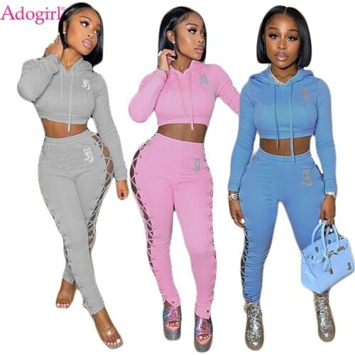 Adogirl Letter Print Two Piece Set Womens Tracksuit Lace Up Hollow Out Long Sleeve Hooded Sweatshirts Crop Top Sweatpants Suit
