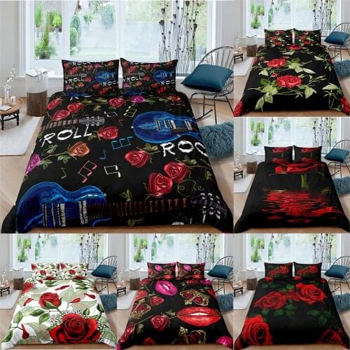 2/3Pcs 3D Rose Flower Print Bedding Set King Queen Size Luxury Black Quilt Duvet Cover Set Pillowcase Soft Bedclothes NO filling