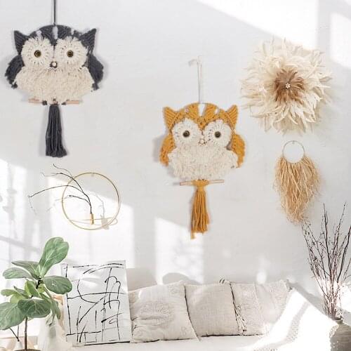 Macrame Wall Hanging Art Owl Woven Tapestry Home Handmade Knitted Cartoon Owl Tapestry Room Decoration