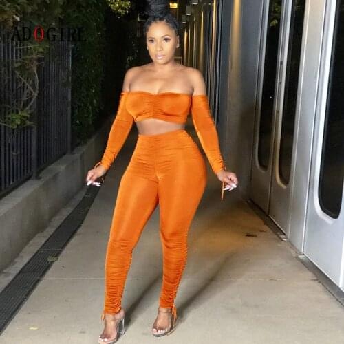 Adogirl Sexy Off Shoulder Women Tracksuit Elegant Two Piece Set Crop Top + Pants Suit Female Solid Skinny Matching Sets