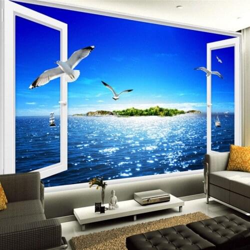 Custom Photo Mural 3D Window Sea View Wall Painting Beach Island Seagulls Murales De Pared Living Room 3D Non-woven Wallpaper