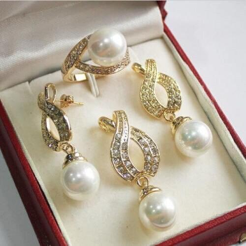 Prett Lovely Womens Wedding shipping>beautiful 12mm White Shell Pearl Pendant Necklace Earrings rings jewelry set 18"