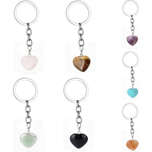 Natural Heart Stone Keychain Crystal Quartz Healing Stone Chakra Key Chain Ring Keyring Jewelry Valentines Gift Wallet Key Fob
