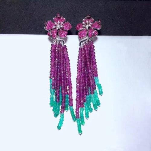Natual garnet tassels drop earring flower 925 sterling silver wedding party fine women jewelry free shipping