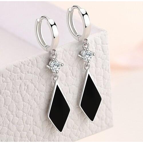 Geometric Black Enamel Crystal Zircon Diamonds Gemstones Drop Earrings for Women 18k White Gold Silver Color Jewelry Accessories