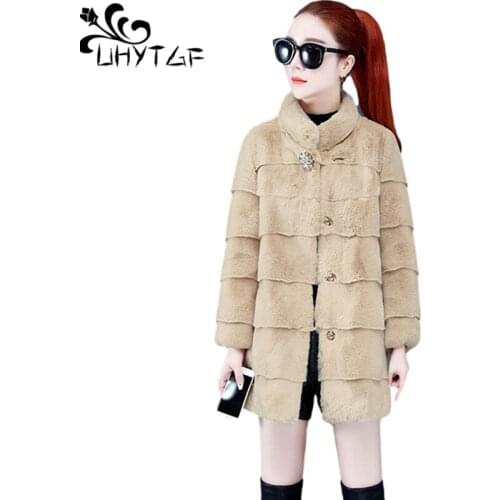 UHYTGF Quality Mink Fleece Winter Fur Coat Women Mid-Length Casual Warm Jacket New Pure Color Wild Elegant Female Outerwear 1400