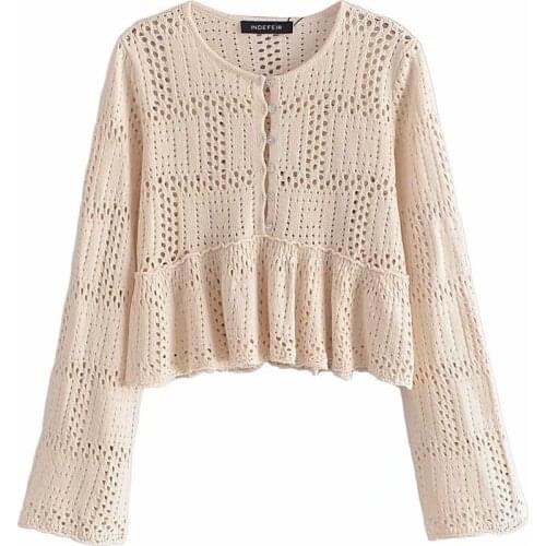 Spring Autumn Womens Fashion Crochet Knit Top Long Sleeve Hollow Short T-shirt