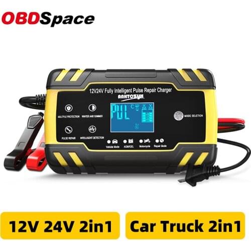 OBDSPACE 12V Car Battery Charger 24V Motorcycle Intelligent Pulse Repair Tool AGM GEL Digital LCD Display Truck Battery Chargers