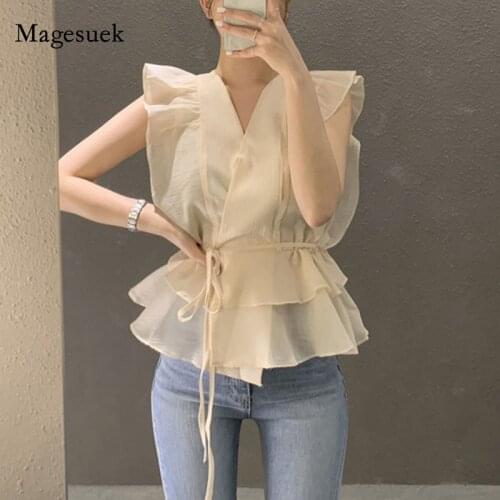Women Tops Korean Fashion Ruffled Chiffon Shirt Chic V-neck Sleeveless Blouse New Vintage Elegant Lace-up Slim Clothing 14773