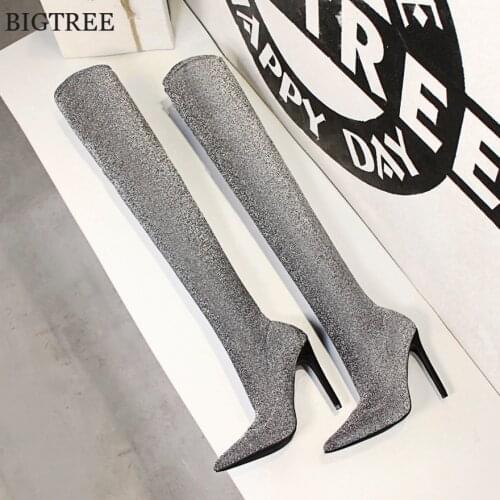 Women Boots 2021 Autumn Female Stretch Sequined Cloth High Heel Long Boots Fashion Pointed Ladies Party Over the Knee Boots 11CM