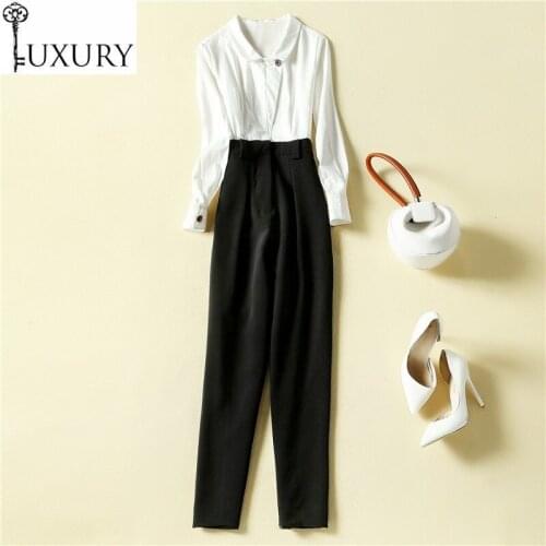 2020 Top Quality Designer Autumn Women Turn-down Collar Black White Color Block Patchwork Long Sleeve Jumpsuit Rompers