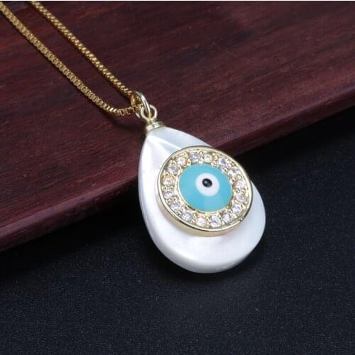Blue evil eye white cz paved charm white water drop mother pearl shell pendant dainty choker necklace for women daily jewelry