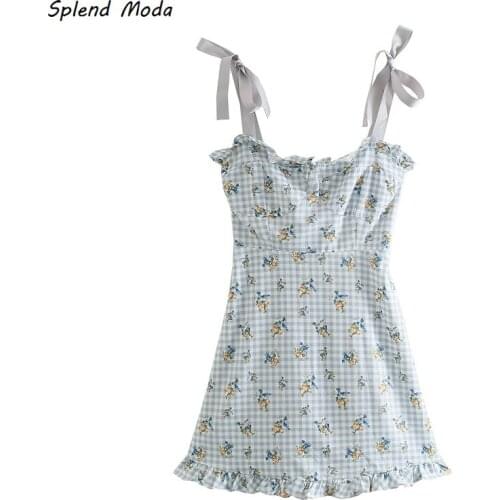 Splend Moda Sweet Vintage Plaid Print Lace-Up Spaghetti Strap Ruffle 2021 Summer Holiday Style High Waist Dress Women Vestido