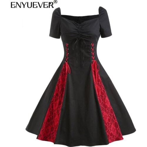 Enyuever Plus Size Women Goth Dress Casual Clothes Off Shoulder Red Black Lace Up Patchwork Robe Pin Up Swing Gothic Party Dress