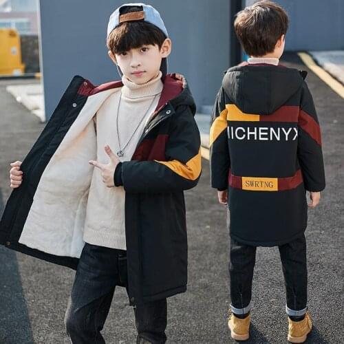Winter Jacket For Boys 2021 New Fashion Patchwork Plus Velvet Hooded Warm Parkas childrens outerwear Teenager Coat High Quality