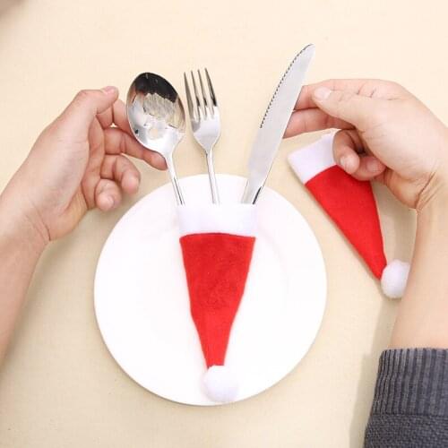10pcs Christmas Hat Cutlery Bag Candy Gift Bags Cute Pocket Fork Knife Candy Holder Table Dinner Decorative Tableware 6*12