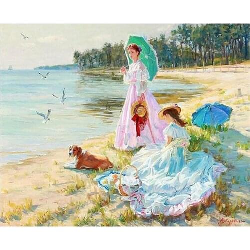 3d Cross Stitch Full Square round drill mosaic diamond European beauty seaside leisure 5d diy Diamond Painting home art