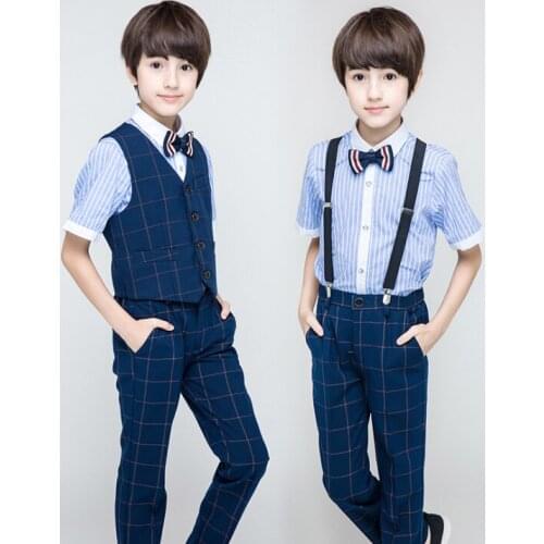 4PCS Kids Boys Suits Blue Plaid Blazers Formal wedding Teenage Short-sleeved School Party Clothes Flower Boys Gentleman Suits