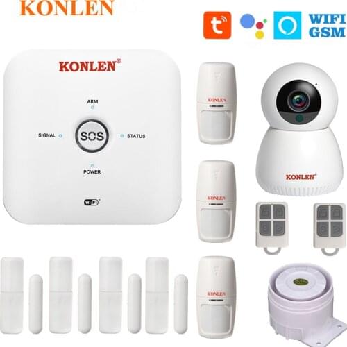 KONLEN Tuya WIFI GSM Alarm System Wireless Door Sensor Smoke Detector IP Camera Google Alexa Smart Life App For Home Security