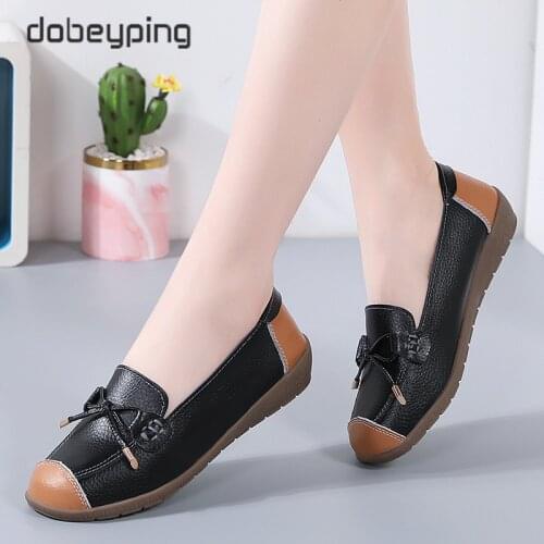 Spring Autumn Womens Loafers Genuine Leather Woman Flats Shoe Slip On Butterfly Knot Female Moccasins Shoes Plus Size 35-44