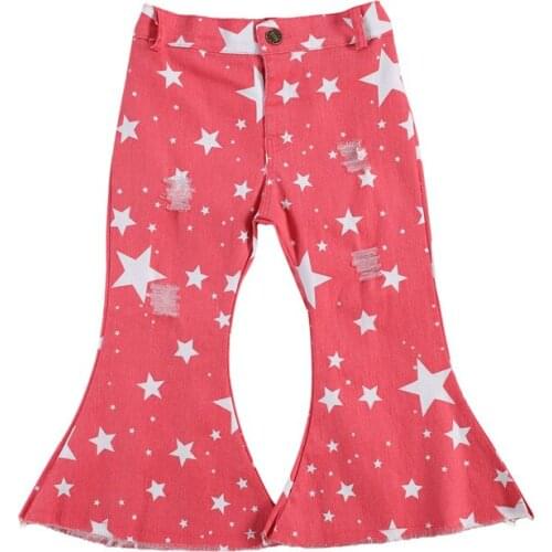Kids Girl Jeans Flared Trousers Ripped Hole Fall High Waist Wide-Leg Denim Star Printed Pants Clothes 1-6Y