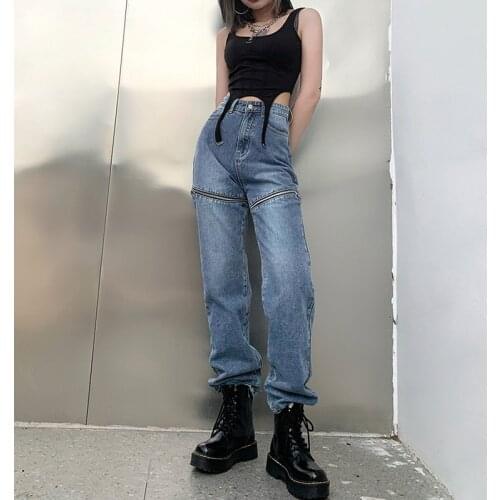 Women Straight Jeans Solid Zipper Stitching High Waist Clothes Cowboy Denim Pants Blue Streetwear Loose Casual Long Trousers