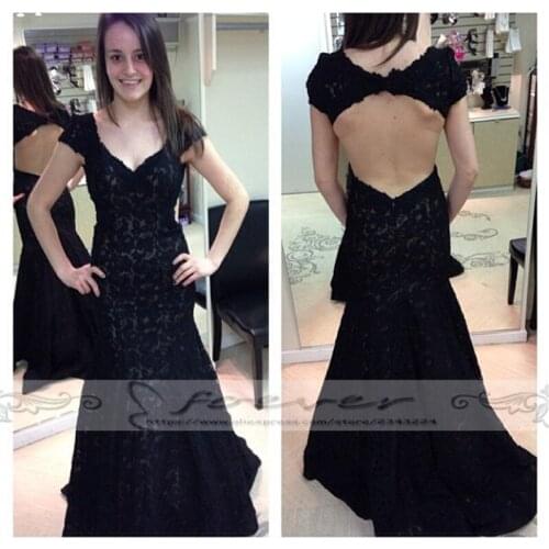 Elegant Black V-Neck Evening Dresses 2019 Vestodo Long De Festa Short Sleeve Backless Mermaid Formal Gowns Abendkleider Custom