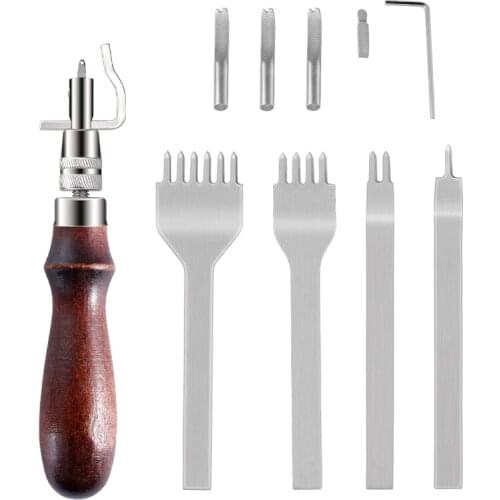 Imzay Leather Groover Tool(7 in 1 Pro Adjustable) + 1/2/4/6 Prong Lacing Stitching Chisel Set For Leathercraft Work