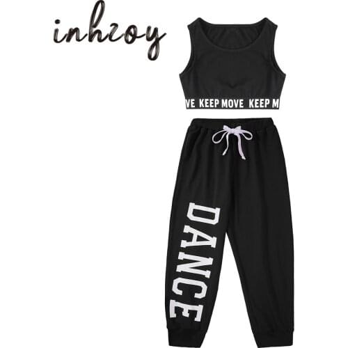 Hip Hop Girls Jazz Costumes Kids Dance Outfits Sleeveless Letter Print Tank Crop Top With Pants Set Gymnastics Workout Dancewear