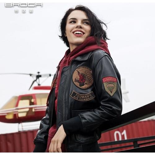 Leather Coat Womens Sheepskin G1 Air Force Flight Suit, Jacket, Womens Autumn and Winter Coat Lapel Embroidered Youth Plus Cot