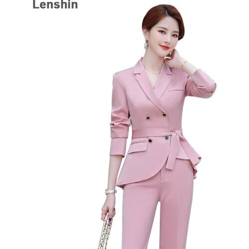Lenshin Two Piece Ruffles Set Office Lady Asymmetry Pant Suit Fashion Designs Women Business Suits Blazer with pant