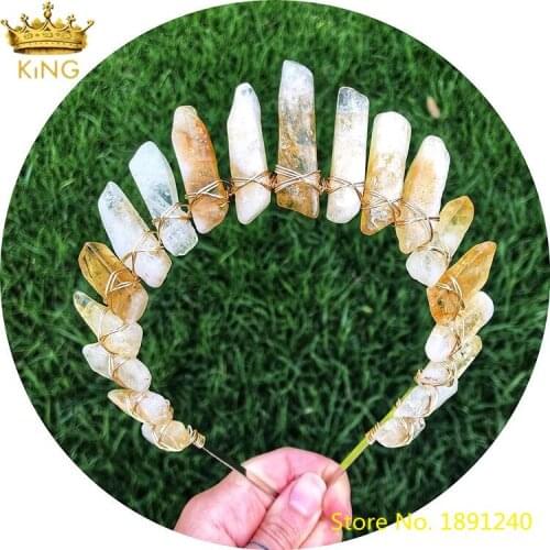 Fashion Women Natural Stone Crown Tiara Gold Wire Wrapped Citrines Quartz Slab Point Crowns Headband Bridal Crowns Hair Jewelry