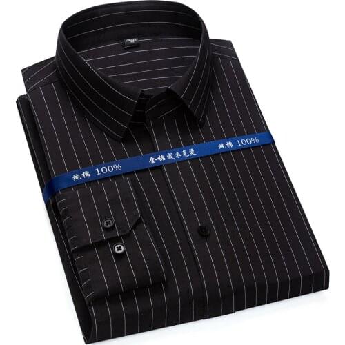 Top Quality No Ironing 100% Cotton Mens Dress Shirt Long Sleeve Regular Fit Business Office Fashion Black Striped Formal