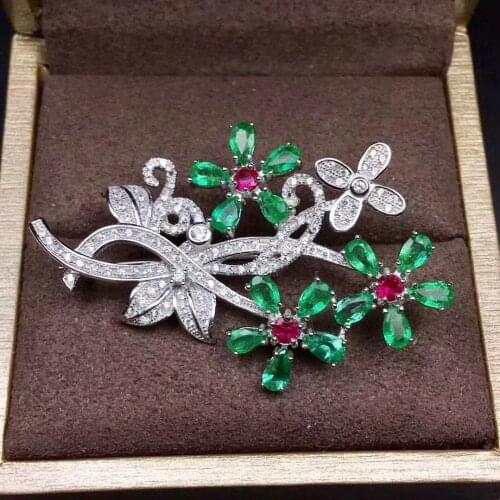 Natural green emerald brooch Pendant natural gemstone Luxury big flowers pendant Two uses S925 silver girl lady party jewelry
