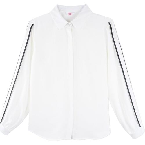 Neatie kiddie Fashion Office Ladies Chiffon Blouse Women Shirt Long Sleeve Stripe Patchwork Turn-down Collar Casual OL Blusas