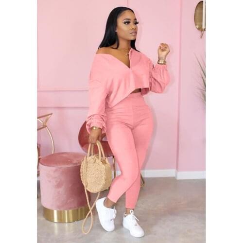 Ueteey New Two-piece Casual Zipper Design Pink Two-piece Pants Set
