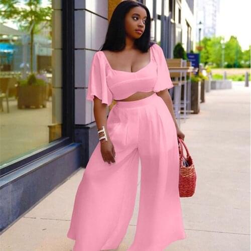 Plus Size 2 Piece Sets Womens Outfits Summer 2021 Short Sleeve Crop Tops and Loose Wide Leg Pants Suist Vacation Matching Sets