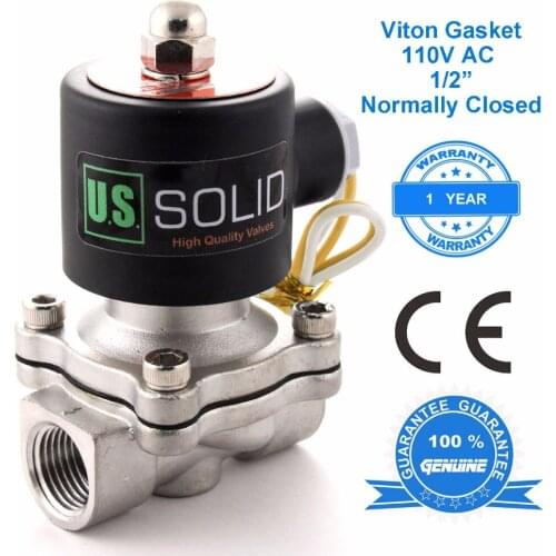 U.S. Solid 1/2" Stainless Steel Electric Solenoid Valve 110V AC Normally Closed water, air, diesel, CE Certified
