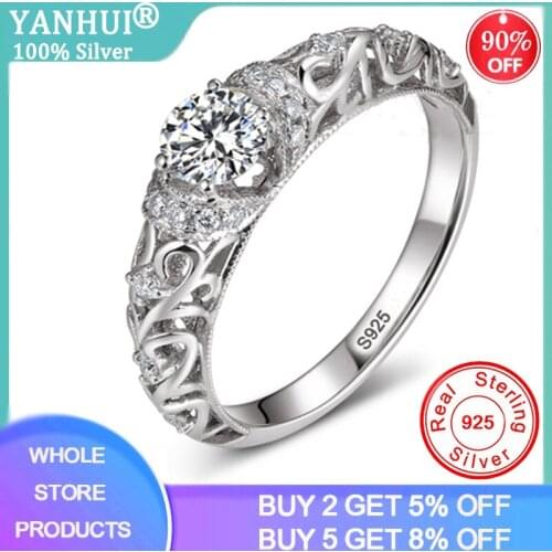 YANHUI Fashion Vintage Totem Baroque Pattern Ring Silver 925 Jewelry 1 Carat Zirconia Rings For Women Man Gift Top Quality R041