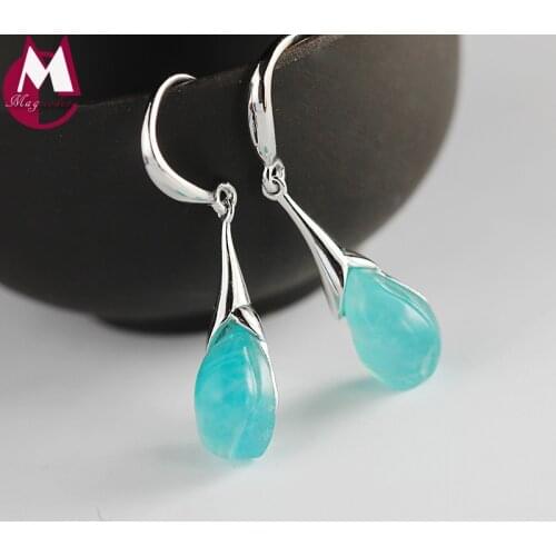 Handmade Jewelry Sets Top Quality Blue Amazonite Flower Tulip Drop Earrings Silver 925 Jewelry Fine Women Rings Set Pendant SS07