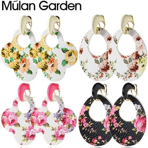 M&G Double Side Faux Leather Earrings Hollow Flower Print Pendant Water Drop Earring for Women Jewelry Accessories Hot Sale Gift