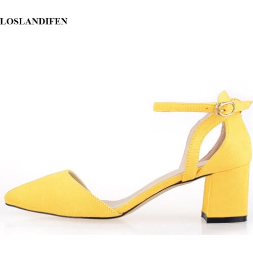 Korean Pointed Toe Flock Gladiator Sandals Buckle Strap Square High Heels Lady OL Office Shoes Hollow Shallow Casual Women Pumps