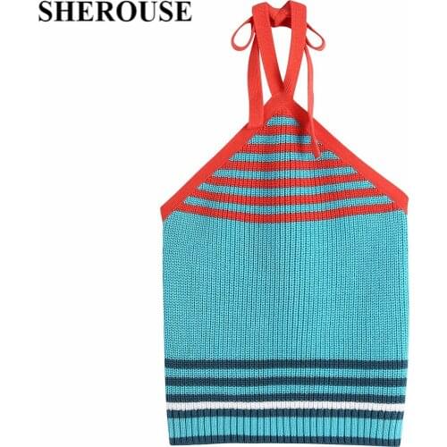 2021 Summer Crop Top Women Striped Halter Backless Tops Chic Lady Fashion Sexy Woman Tops