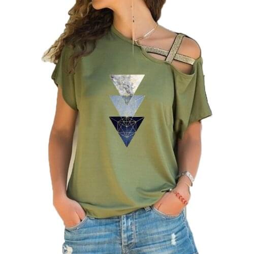 Cute Geometric Aesthetic Trend Print Funny Teeshirt Women Short sleeve Loose Irregular Skew Cross Bandage Tops Tee