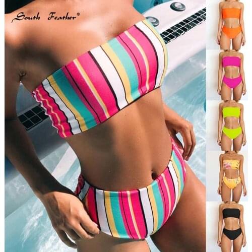 South Feather New Push Up Bandeau Bikini Set Women Floral Print Bikinis Women Swimwear Middle Waist Bathing Suits Swimming Suit