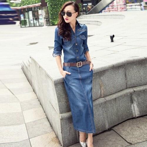 Spring Autumn Long Denim Dress Women Casual Long Sleeve Cowboy Vestidos Korean Elegant Work Office Jeans Dresses Robe Femme
