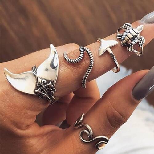 ZHINI 5Pcs/set Boho Antique Silver Color Rings for Women Personality Punk Tortoise Geometric Distortion Ring Set Jewelry Bijoux