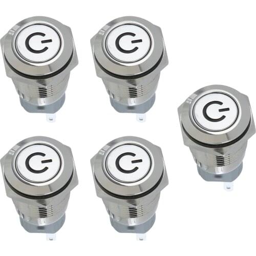 5x Latching Push Button Switch Aluminium Alloy Stainless Steel Shell for 16mm with 12V Red LED Light