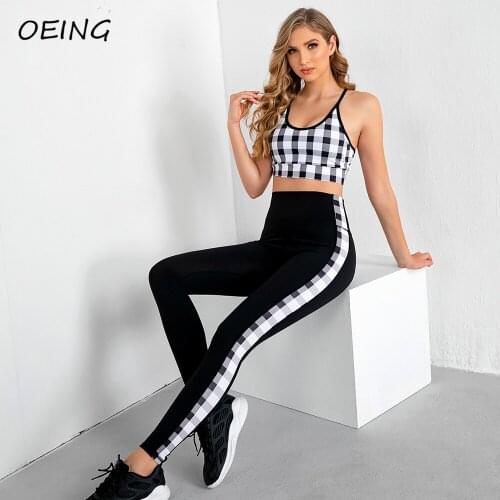 2021 Seamless Yoga 2 Piece Set Plaid Patchwork Leggings and Bra Bodysuit Workout Jogging Print Tights Set