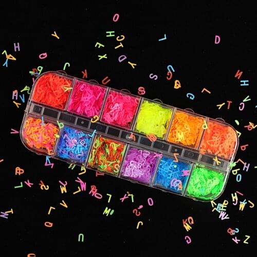 12 Grids/Set Fluorescent Letters Nail Glitter Sequins 3D Flakes Slices Spangle For Nails Design Art Accessories Decorations
